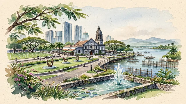 Watercolour of Taguig, Philippines. Centered around Bonifacio Global City (BGC) green pedestrian corridors (Bonifacio High Street), the historic stone church of Saint Anne, and Laguna de Bay, with Bonifacio High Street and Saint Anne Archdiocesan Shrine.