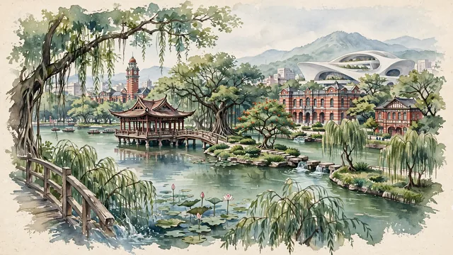 Watercolour of Taichung, Taiwan. Centered around Taichung Park with the historic wooden Lake Pavilion, the Meichuan and Liuchuan green canal corridors, and the National Taichung Theater. Featuring Lake Pavilion and Liuchuan and Meichuan.