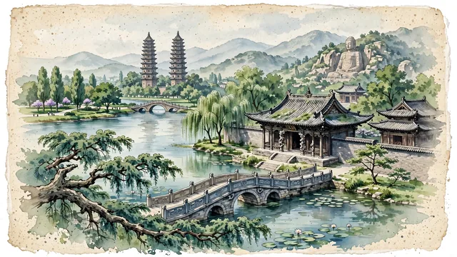 Watercolour of Taiyuan, China. Centered around The twin octagonal brick pagodas of Shuangta Temple, the ancient Jinci Temple with Song Dynasty wooden maid statues, and the Fen River. Featuring Yongzuo Temple and CE Song Dynasty Hall of the Holy Mother.