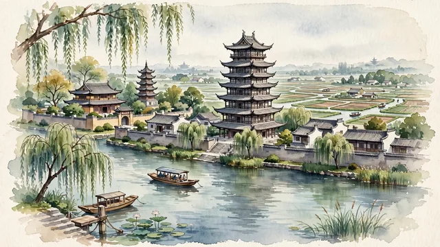 Watercolour of Taizhou (Jiangsu), China. Centered around Wanghai Tower in Fengcheng River scenic area, the ancient Tiantai Buddhist Guangxiao Temple, and the Xinghua raised water fields, with Wanghai Tower and Fengcheng River.