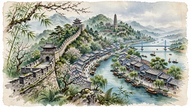 Watercolour of Taizhou (Zhejiang), China. Centered around The Great Wall of Southern China in Linhai (Taizhou City Wall), Guoqing Temple on Mount Tiantai, and the Jiaojiang River, with Linhai Ancient City Wall and Guoqing Temple.