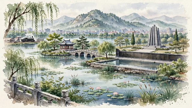Watercolour of Tangshan, China. Centered around The Tangshan Earthquake Memorial Wall and square, the vast waters and pavilions of Nanhu Ecological Park, and Mount Jingzhong, with Tangshan Earthquake Memorial Wall and Monument and Nanhu Central Ecological Park.