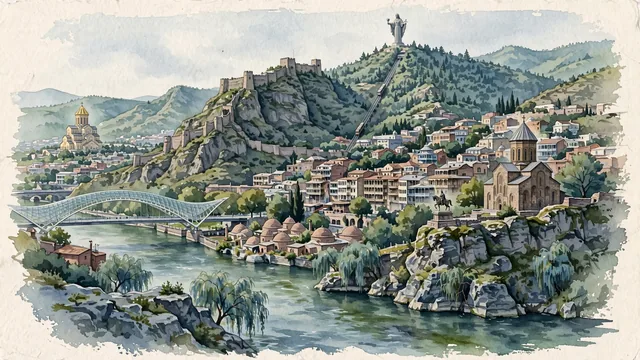 Watercolour of Tbilisi, Georgia. Nestled in the deep Mtkvari River gorge, with Narikala Fortress and Holy Trinity Cathedral of Tbilisi.