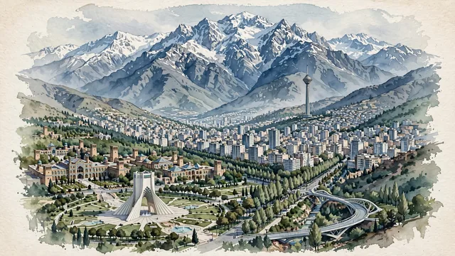 Watercolour of Tehran, Iran. Nestled directly at the foot of the colossal Alborz Mountain Range, with Azadi Tower and Milad Tower.