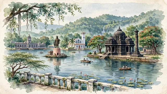 Watercolour of Thāne, India. Centered around Masunda Lake (Talao Pali) with Shivaji statue, Kopineshwar Temple on the lake shore, and the green ridges of Yeoor Hills. Featuring Masunda Lake and Kopineshwar Temple.
