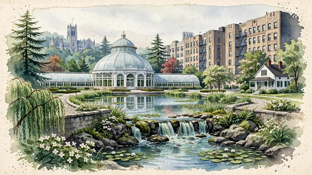 Watercolour of The Bronx, United States. Centered around The New York Botanical Garden's Enid A, with Enid A. Haupt Conservatory and New York City's.