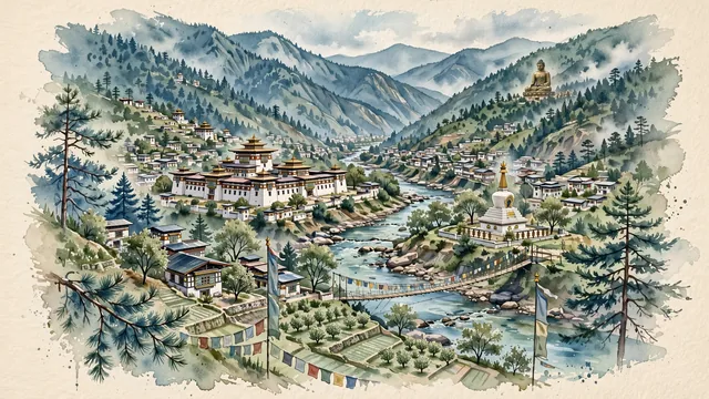 Watercolour of Thimphu, Bhutan. The Himalayan kingdom capital, with Tashichho Dzong and Buddha Dordenma.