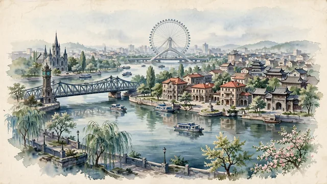 Watercolour of Tianjin, China. Centered around The Tianjin Eye Ferris wheel on Yongle Bridge across the Haihe River, the Italian Style Town villas, and Century Clock on Jiefang Bridge, with Tianjin Eye and Italian Style Town.