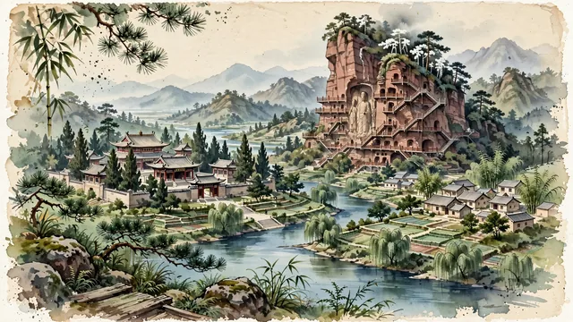 Watercolour of Tianshui, China. Centered around The UNESCO Maijishan Grottoes cliffside Buddha statues, the imperial Fuxi Temple, and the Wei River valley, with Maijishan Grottoes and Fuxi Temple.