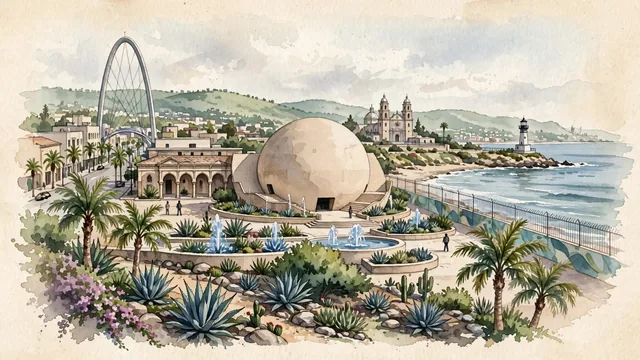 Watercolour of Tijuana, Mexico. Centered around Tijuana Cultural Center (CECUT) with its spherical IMAX dome, Avenida Revolución arch, and Playas de Tijuana border fence at the Pacific. Featuring Tijuana Cultural Center and Tijuana Arch.