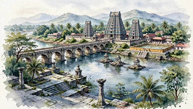 Watercolour of Tirunelveli, India. Centered around Nellaiappar Temple with towering Dravidian gopurams and musical pillars, the Thamirabarani River stone ghats, and Sulochana Mudaliar Bridge. Featuring Pandyan and Nayak and Thamirabarani River.