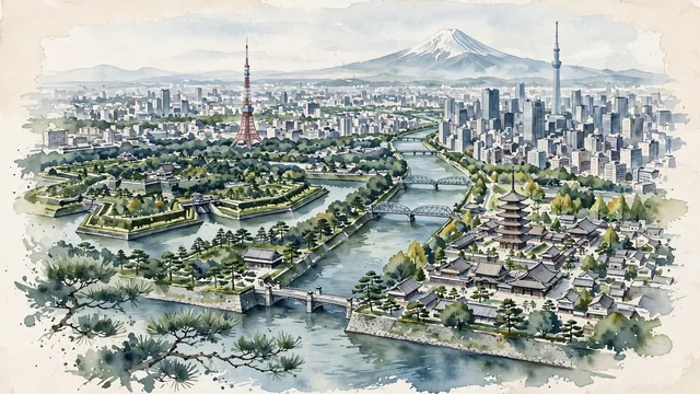 Watercolour of Tokyo, Japan. Situated in the vast Kantō Plain beneath the distant presence of Mount Fuji, with Tokyo Tower and Tokyo Skytree.