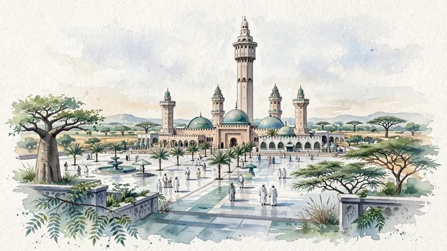 Watercolour of Touba, Senegal. Centered around The Great Mosque of Touba with its central 87-meter Lamp Fall minaret, mausoleum domes, and expansive marble courtyards. Featuring Great Mosque of Touba and Cheikh Ahmadou Bamba.