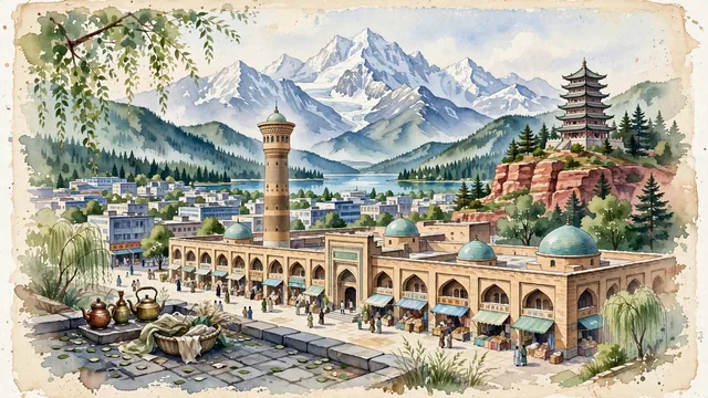 Watercolour of Ürümqi, China. Centered around The Grand Bazaar with its Islamic minaret and dome, Hongshan Park pagoda overlooking the skyline, and the snow-capped Bogda Peak. Featuring Xinjiang International Grand Bazaar and Hongshan Park.