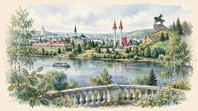Watercolour of Ufa, Russia. Centered around Monument to Salavat Yulaev on the high bluff overlooking the Belaya River, the Lala Tulpan Mosque, and the historic Gostiny Dvor, with Salavat Yulaev and Lala Tulpan Mosque.