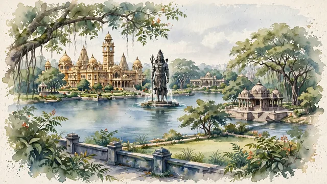 Watercolour of Vadodara, India. Centered around Laxmi Vilas Palace in Indo-Saracenic splendor, Sursagar Lake with the colossal Shiva statue, and Kirti Mandir. Featuring Laxmi Vilas Palace and Sursagar Lake.