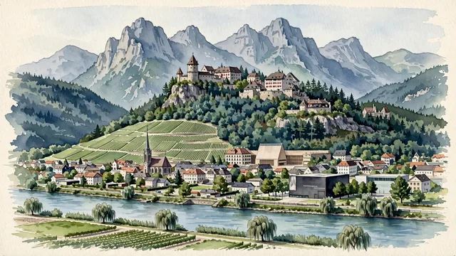 Watercolour of Vaduz, Liechtenstein. The alpine principality capital in the Rhine Valley, with Vaduz Castle and Cathedral of St. Florin.