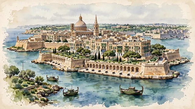 Watercolour of Valletta, Malta. On Mount Sciberras between its two natural harbors, with Basilica of Our Lady of Mount Carmel and Fort Saint Elmo.