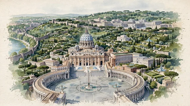 Watercolour of Vatican City, Vatican City. The spiritual heart of the Roman Catholic Church, with St. Peter's Square and Vatican Gardens.