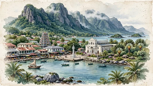 Watercolour of Victoria, Seychelles. On Mahé Island, the charming capital of the Seychelles archipelago, with Victoria Clocktower and Morne Seychellois.
