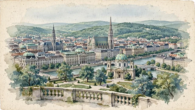 Watercolour of Vienna, Austria. The imperial city spreading across the Vienna Basin along the curve of the Danube Canal (Donaukanal), framed to the west and north-west by the gentle, with Ringstraße and Hofburg Palace.
