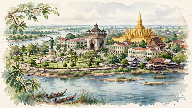 Watercolour of Vientiane, Laos. The relaxed Buddhist capital on the Mekong River, with Pha That Luang and Patuxai.