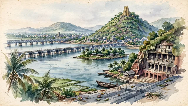 Watercolour of Vijayawada, India. Centered around Kanaka Durga Temple perched on Indrakeeladri Hill, Prakasam Barrage across the Krishna River, and Undavalli Caves, with Kanaka Durga Temple and Prakasam Barrage.