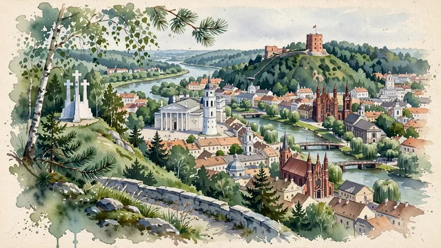 Watercolour of Vilnius, Lithuania. The baroque capital of the Baltic, with Gediminas' Tower and Three Crosses.