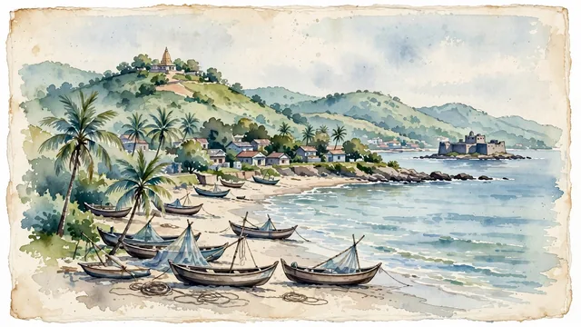 Watercolour of Virār, India. Centered around Jivdani Mata Temple atop Jivdani Hill, the ancient Arnala Fort on the Arabian Sea, and Yazoo Park, with Jivdani Mata Temple and Arnala Fort.