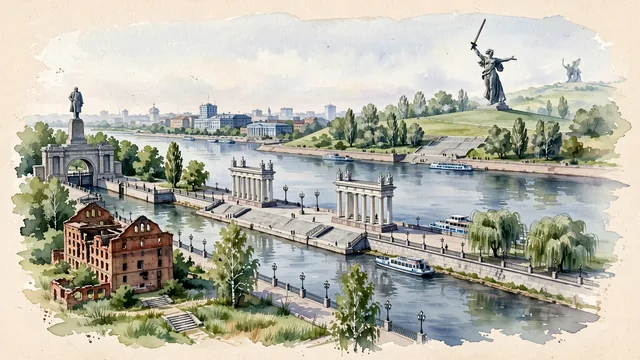 Watercolour of Volgograd, Russia. Centered around The colossal 'The Motherland Calls!' statue atop Mamayev Kurgan, the Volga-Don Shipping Canal, and the historic Central Embankment, with Mamayev Kurgan and Central River Embankment.