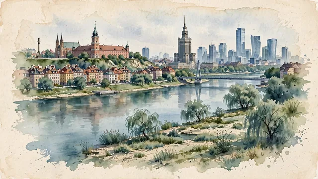 Watercolour of Warsaw, Poland. Centered along the Vistula River, with Royal Castle and the Old Town skyline.