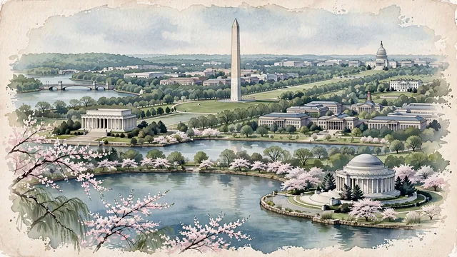 Watercolour of Washington, United States. The federal capital of the United States, with Washington Monument and United States Capitol.