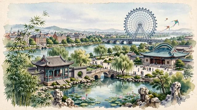 Watercolour of Weifang, China. Centered around Shihu Garden classical Jiangnan scholar pavilions, the Bailang River waterfront with the Bailang River Ferris Wheel, and kite heritage plazas. Featuring Shihu Garden and Bailang River.