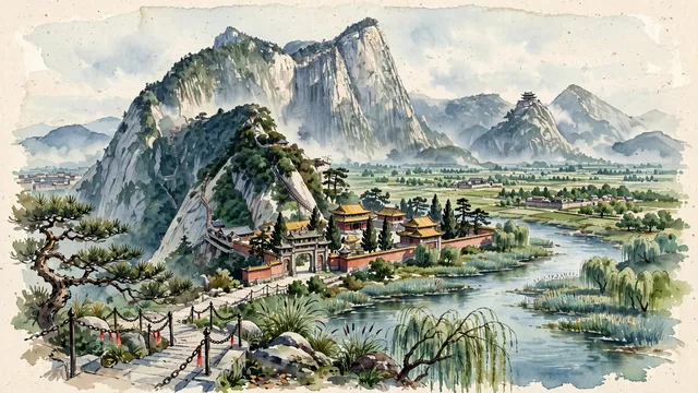 Watercolour of Weinan, China. Centered around Mount Hua (Huashan) sheer granite precipices and Taoist cliff shrines, Xiyue Temple, and the Wei River wetlands, with Mount Hua and Xiyue Temple.