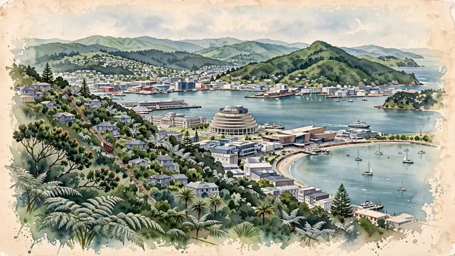 Watercolour of Wellington, New Zealand. The "Coolest Little Capital" set around Wellington Harbour, with Beehive and Kelburn and the Botanic Garden.