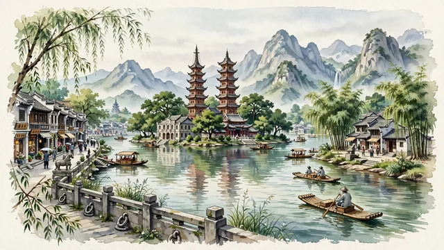 Watercolour of Wenzhou, China. Centered around Jiangxin Island with twin Song Dynasty pagodas in the Oujiang River, Wuma Street historic arcades, and Nanxijiang River waterways. Featuring Jiangxin Island and Wuma Street.
