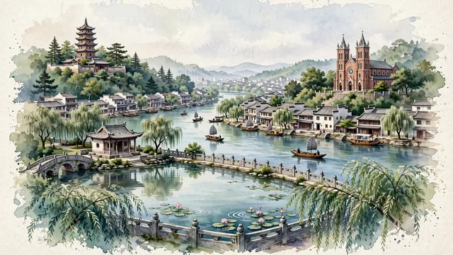 Watercolour of Wuhu, China. Centered around Zheshan Park with the ancient Zheshan Pagoda, the Qingyi River confluence with the Yangtze, and the Catholic Church on Jiaozi Hill. Featuring Guangji Temple and Pagoda and Qingyi River and the Yangtze River.