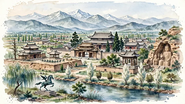Watercolour of Wuwei, China. Centered around The Leitai Han Tomb (birthplace of the Flying Horse of Gansu), the ancient Wuwei Confucius Temple, and the Qilian Mountains, with Leitai Han Tomb and Wuwei Confucius Temple.