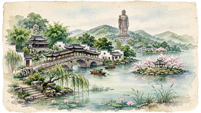 Watercolour of Wuxi, China. Centered around The 88-meter Grand Buddha of Ling Shan on Lake Taihu, Jichang Garden with classical rockeries, and the ancient Grand Canal at Qingming Bridge. Featuring Grand Buddha and Jichang Garden.