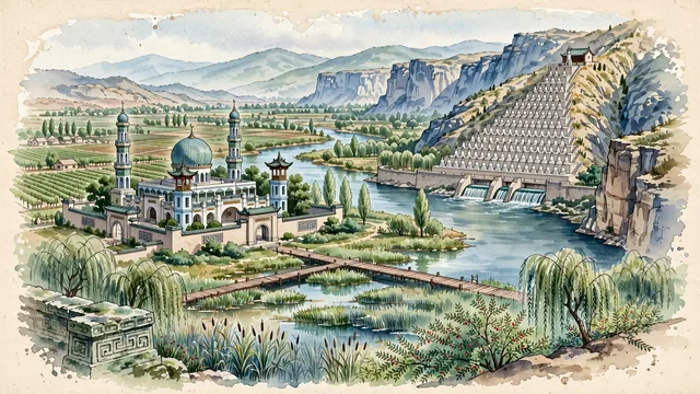 Watercolour of Wuzhong, China. Centered around The Yellow River Grand Gorge of Qingtongxia with the 108 Stupas, traditional Hui Islamic mosques, and vast Ningxia vineyard plains. Featuring Stupas and Qingtongxia Yellow River Grand Gorge.