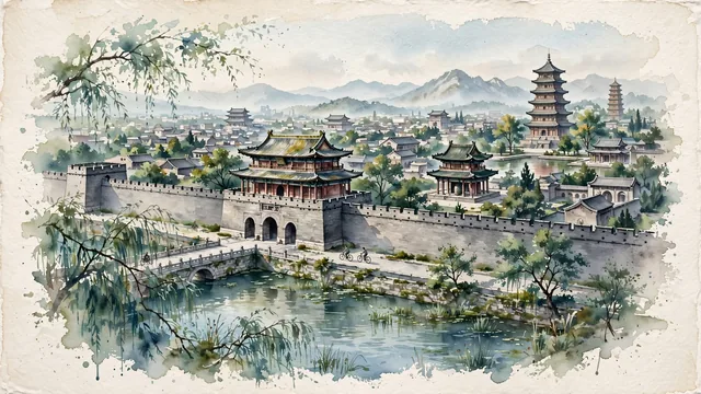 Watercolour of Xi’an, China. Centered around The complete 14-kilometer Ming City Wall with the South Gate (Yongningmen), the Giant Wild Goose Pagoda, and the Bell Tower. Featuring Ming Dynasty City Wall of Xi'an and Giant Wild Goose Pagoda.