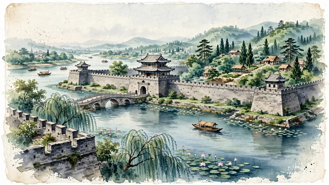 Watercolour of Xiangyang, China. Centered around The ancient Xiangyang City Wall and Moat along the Han River, the historic Furen City (Lady's Wall), and Gulongzhong (Zhuge Liang's retreat), with Xiangyang City Wall and Asia—filled.