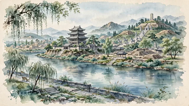Watercolour of Xianyang, China. Centered around The Wei River waterfront and Qin Dynasty Han palace mounds, the ancient Qingwei Tower, and the Qianling Mausoleum, with Qingwei Tower and Tang Emperor Gaozong and Empress Wu Zetian.