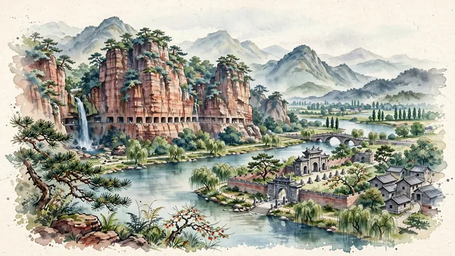 Watercolour of Xinxiang, China. Centered around Mount Baligou and Mount Wanxian sheer red sandstone cliffs of the South Taihang, the Wei River, and the Ming Lu Wang Mausoleum, with Baligou and Wanxian Mountain and Ming Lu Wang Mausoleum.