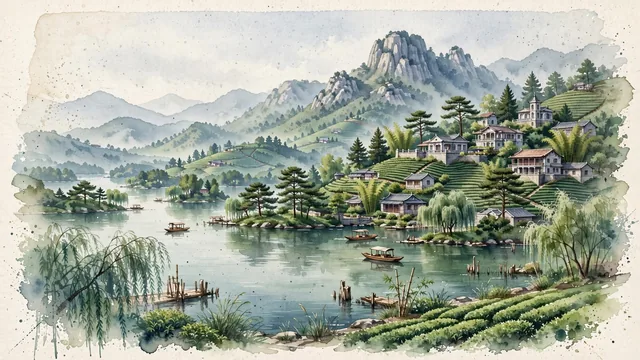 Watercolour of Xinyang, China. Centered around Nanwan Lake with forested islands, Jigongshan (Rooster Mountain) colonial summer villas, and lush Maojian green tea terraces. Featuring Nanwan Lake and Mount Jigong.