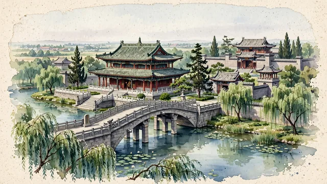Watercolour of Xuchang, China. Centered around Chunqiu Building (Spring and Autumn Building) where Guan Yu studied, the ancient Baling Bridge over the moat, and Cao Cao's Prime Minister's Mansion, with Chunqiu Building and Baling Bridge.