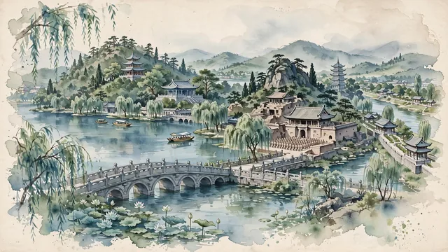 Watercolour of Xuzhou, China. Centered around Yunlong Lake with stone causeways and pagodas, the Western Han Dynasty Terracotta Warriors and tomb on Mount Lion, and the Yellow River old course. Featuring Yunlong Lake and Western Han Terracotta Warriors Museum.