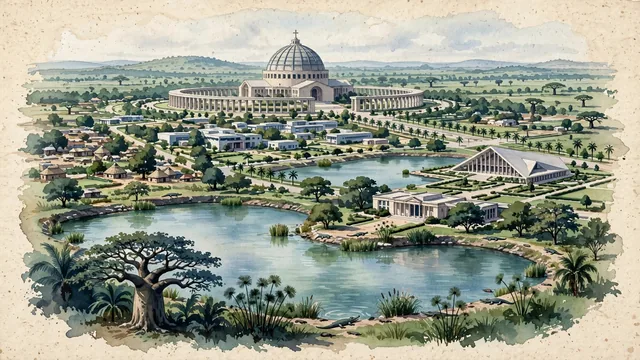 Watercolour of Yamoussoukro, Ivory Coast. On the rolling Guinean savanna, with Basilica of Our Lady of Peace and Presidential Palace.