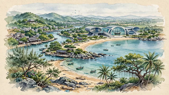 Watercolour of Yangjiang, China. Centered around Hailing Island with the Maritime Silk Road Museum (Nanhai No. 1 shipwreck), Dajiao Bay beaches, and the Moyang River waterfront. Featuring Maritime Silk Road Museum of Guangdong and South China Sea.