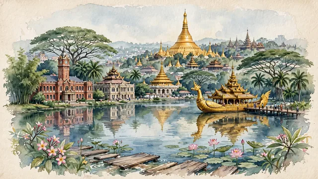Watercolour of Yangon, Myanmar. Centered around Shwedagon Pagoda with its 99-meter gold-plated stupa, Kandawgyi Lake with Karaweik Hall, and historic colonial British architecture. Featuring Shwedagon Pagoda and Kandawgyi Lake.